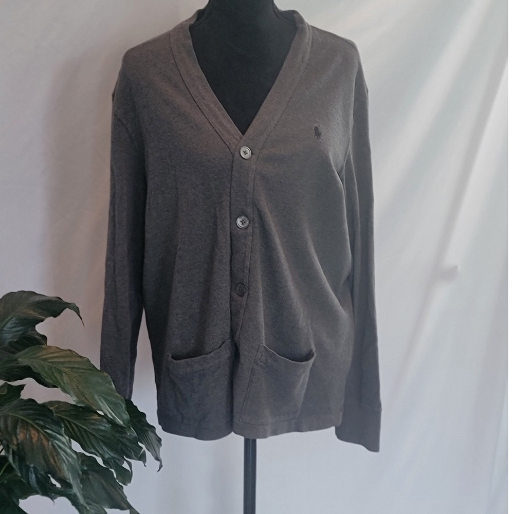 Polo Ralph Lauren Mens Large Grey Cotton V-Neck Button Front Cardigan Sweater